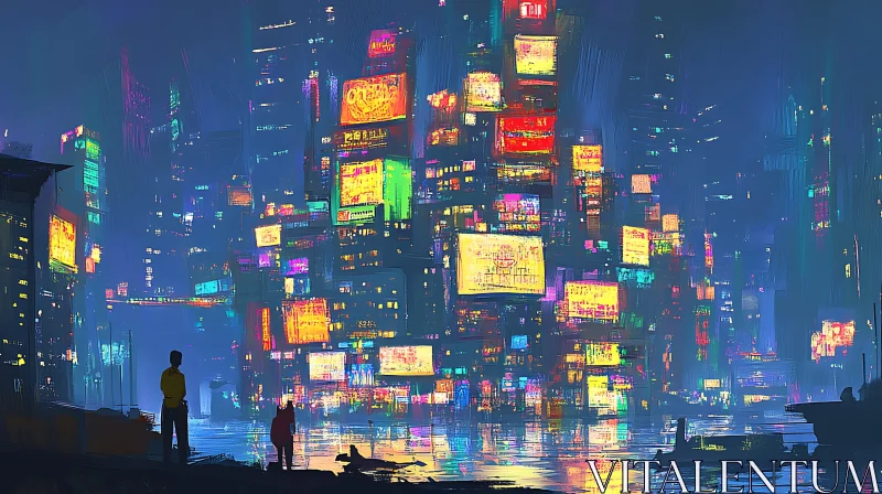 Urban Neon Lights in a Futuristic City AI Image