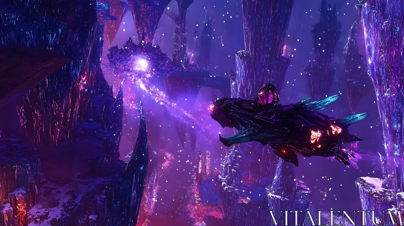 Spaceship Navigating Alien Crystal Environment AI Image