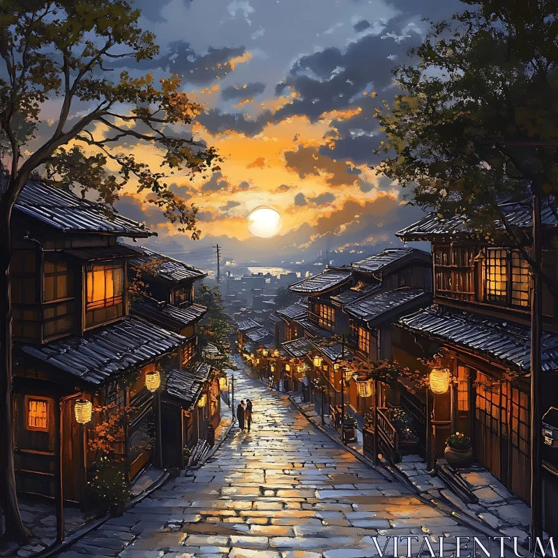 AI ART Charming Lantern-Lit Street at Sunset