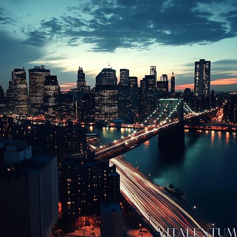 AI ART Evening Skyline with Bridge Lights and Traffic Trails