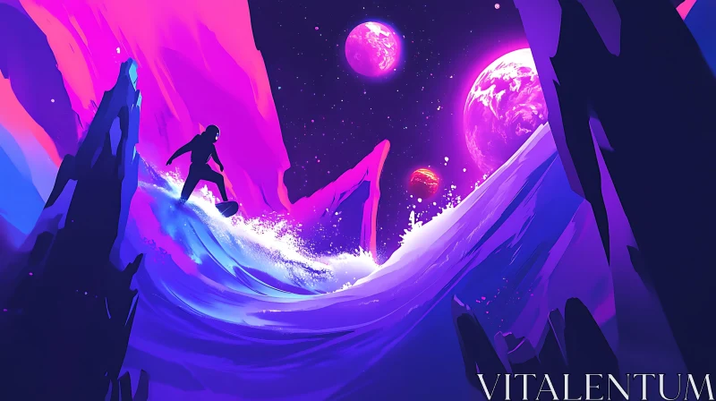 Surfer in a Surreal Space Landscape AI Image