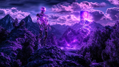 Cyborg Illuminated by Purple Light in Mountain Landscape