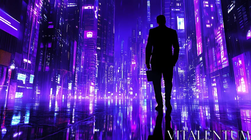 AI ART Cyberpunk City at Night with Businessman's Silhouette