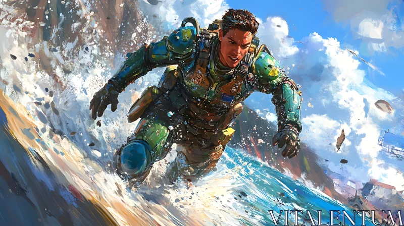 Advanced Armored Soldier Amidst Waves AI Image