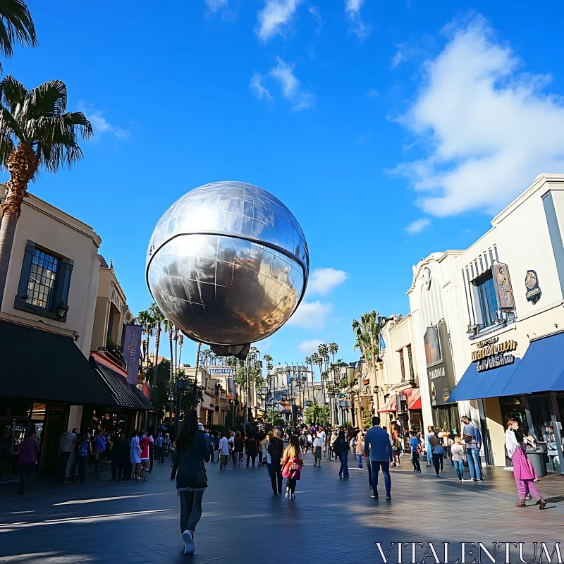 Shopping Street with Hovering Metallic Sphere AI Image