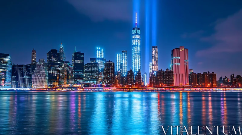 Urban Night Skyline Reflecting on Water AI Image