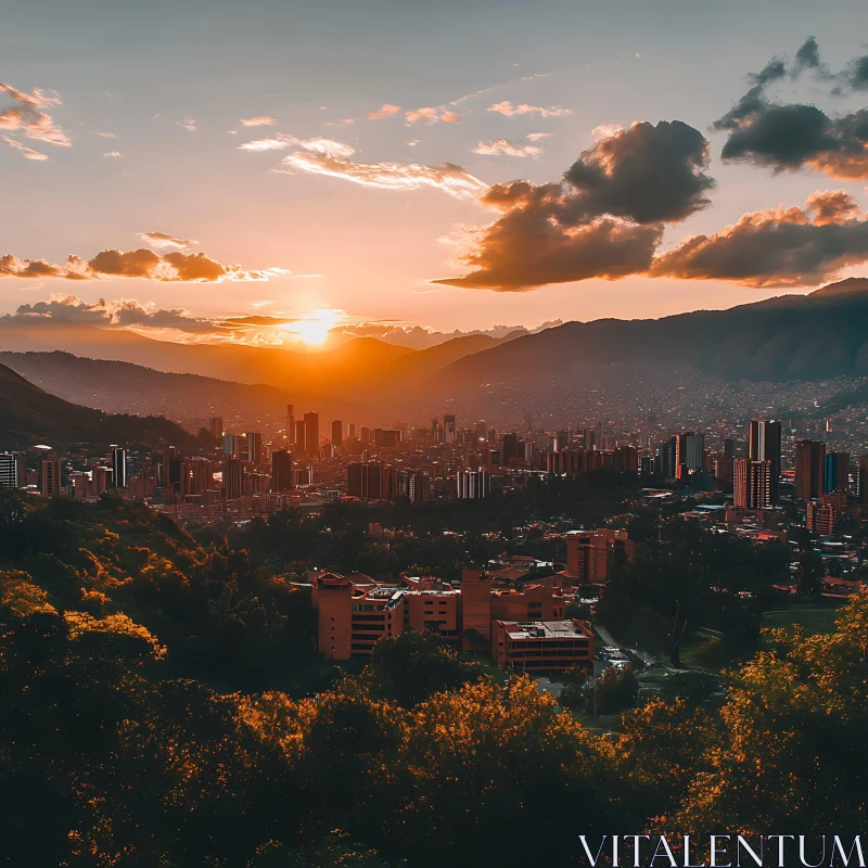 Urban Sunset Over Mountainous City AI Image