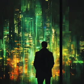 Neon Green Cityscape with Silhouette