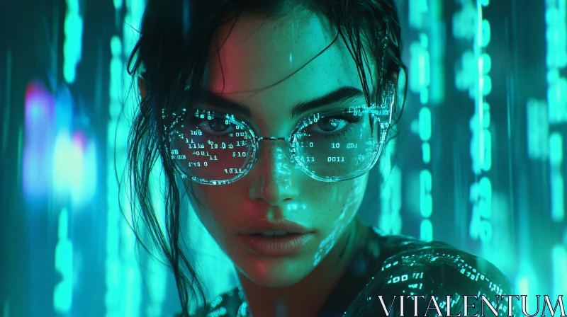 Cyberpunk Woman Immersed in Digital Landscape AI Image