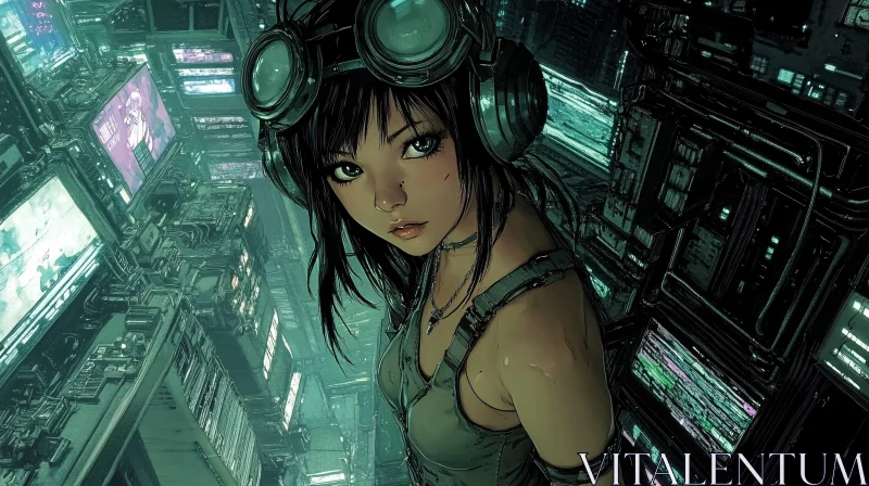 AI ART Goggled Woman in Cyberpunk Metropolis