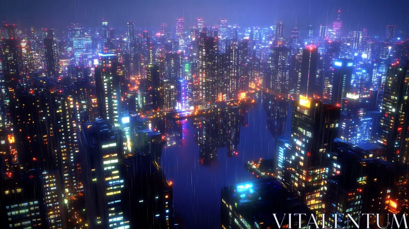 Urban City Skyline at Night with Rain and Neon Lights AI Image