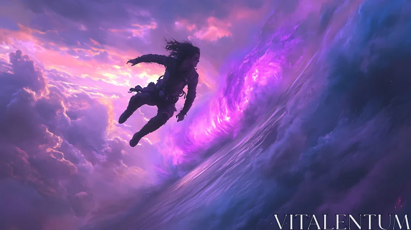 AI ART Fantasy Scene with Figure Riding a Cloud Wave at Twilight