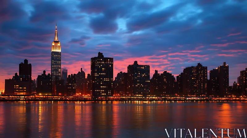 Urban Landscape at Sunset with Reflections on Water AI Image