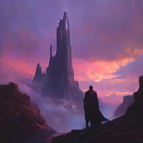 Mysterious Silhouette and Towering Castle Amidst Sunset Mist