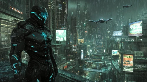 Cyborg in Rainy Futuristic City