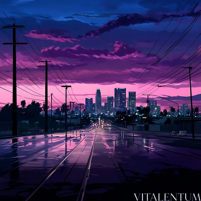 AI ART Urban Sunset with Reflective Roads