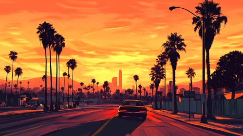 Warm Glowing Sunset with Palm Trees and Cityscape