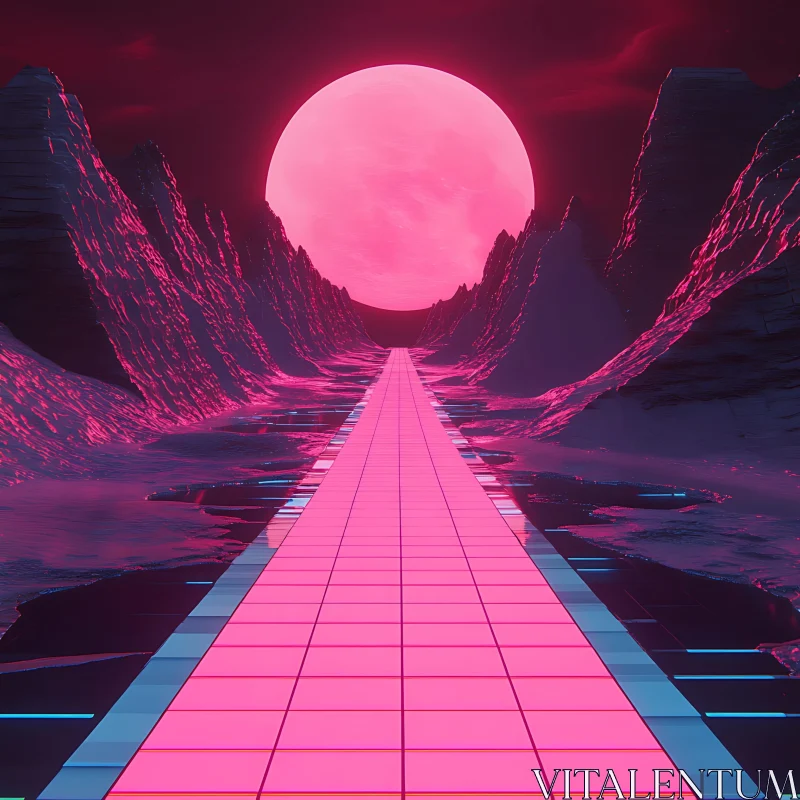 Futuristic Neon Pathway Under Pink Moon AI Image