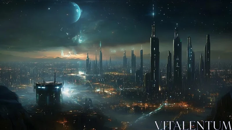 AI ART Illuminated Futuristic City Skyline at Night