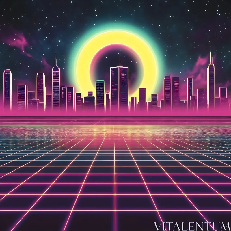 AI ART Futuristic Neon-lit City with Retro Grid and Halo Effect