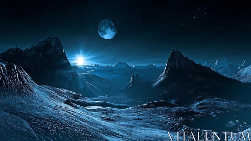 Otherworldly Night Scene with Mountains and Moon AI Image