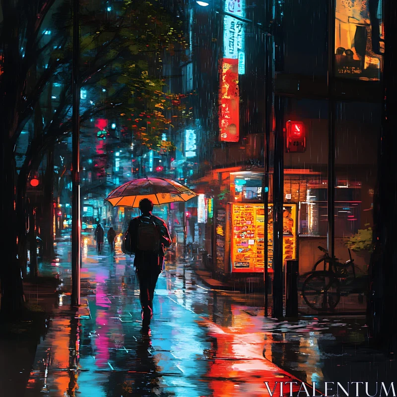 Neon-Illuminated Rainy Street AI Image