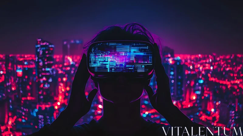 AI ART Person in VR Headset with Futuristic City Lights