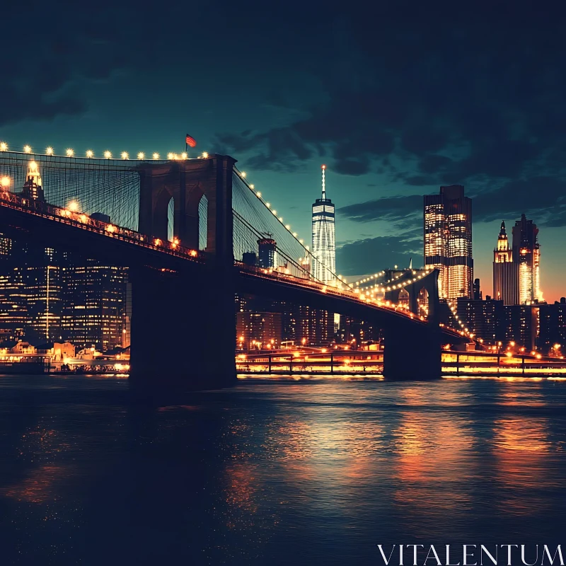 Nighttime Urban Landscape with Bright Bridge and Skyscrapers AI Image