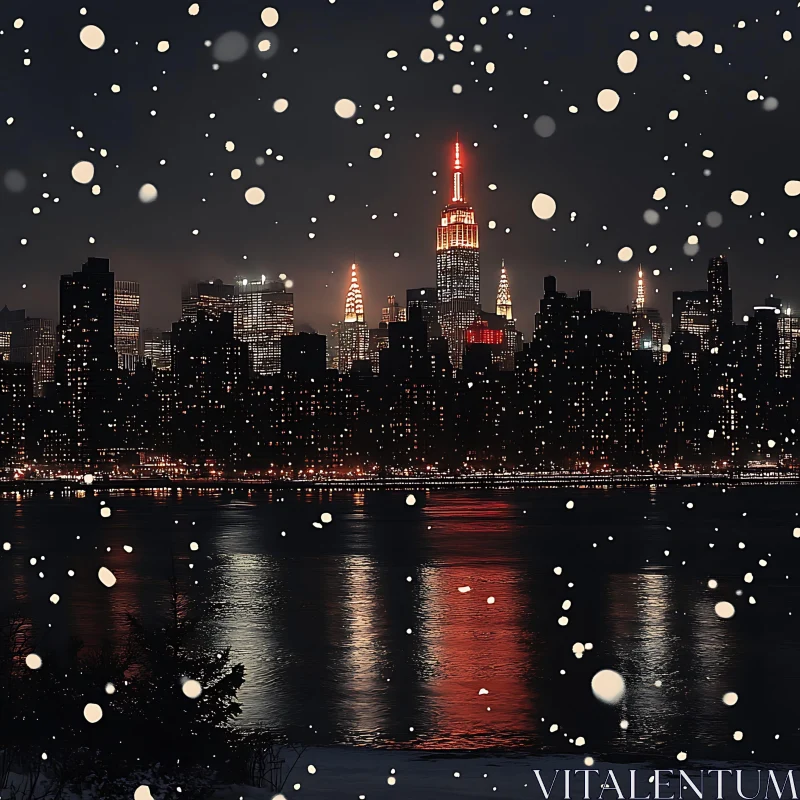 Night City Skyline with Falling Snow and Reflected Lights