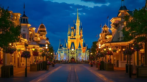 Magical Nighttime Scene of Theme Park Castle