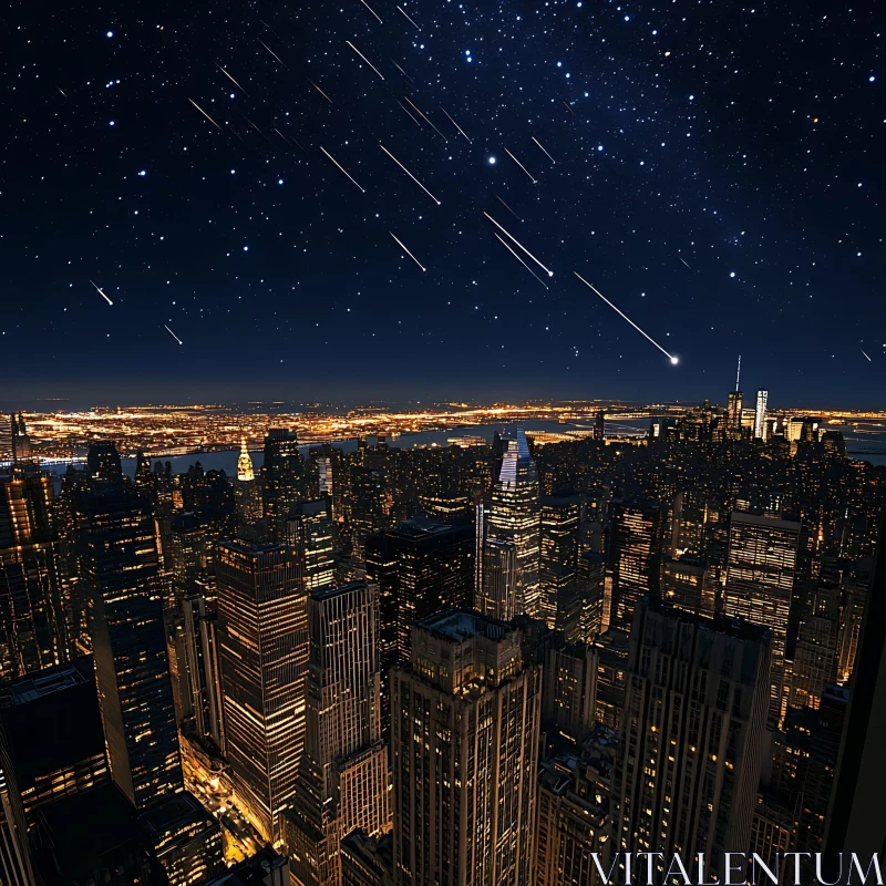 Illuminated City Skyline Under a Starry Night Sky AI Image