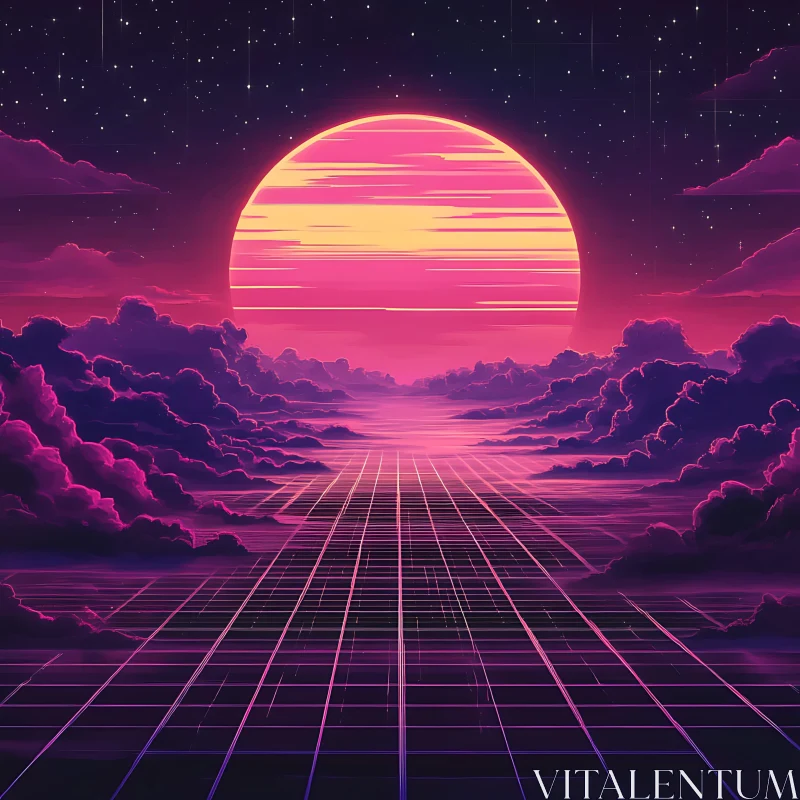 Neon Sunset Surreal Landscape with Grid AI Image