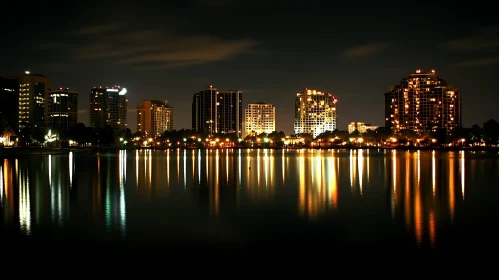 Illuminated City at Night with Reflections
