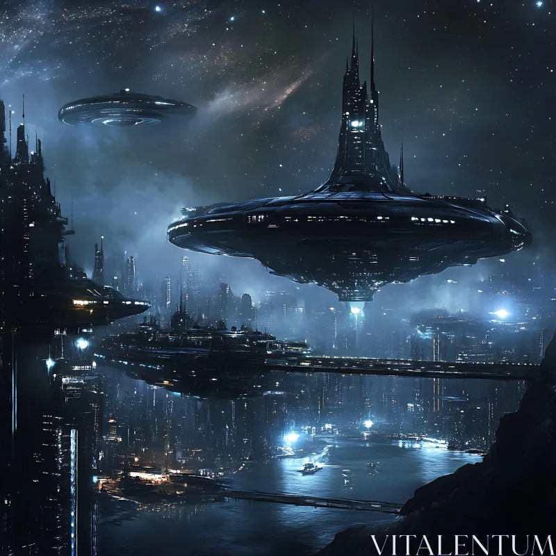 Sci-Fi City with Floating UFO-like Structures in Night Sky