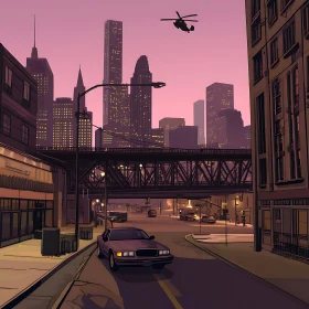 Urban Skyline at Dusk with Car and Helicopter