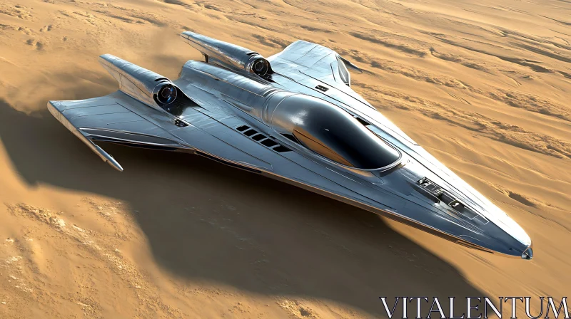 Futuristic Metallic Spaceship on Sandy Terrain