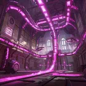 Neon Illuminated Industrial Pipes