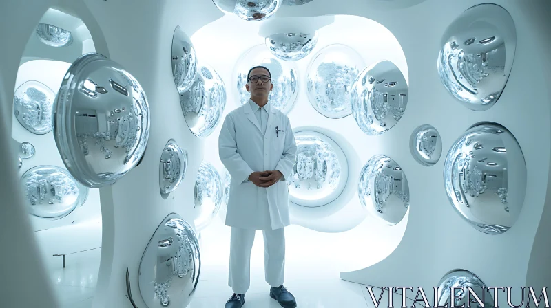 Man in White Lab Coat in Sci-Fi Reflective Room