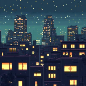 Night City Skyline with Bright Lights and Starry Sky