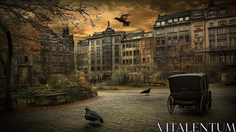 Vintage Courtyard Scene with Birds and Carriage
