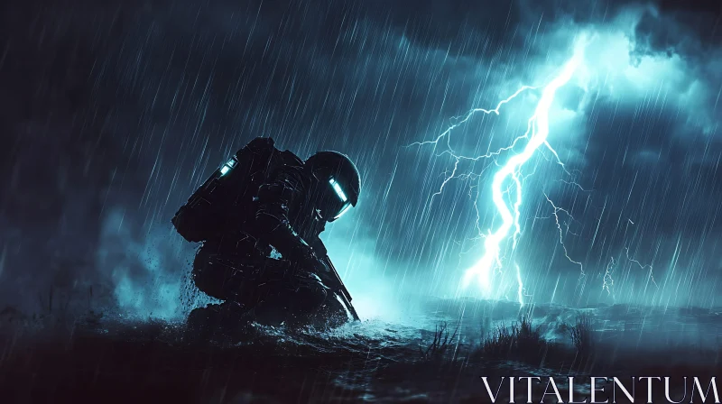 Cyborg Warrior Amidst Thunderstorm