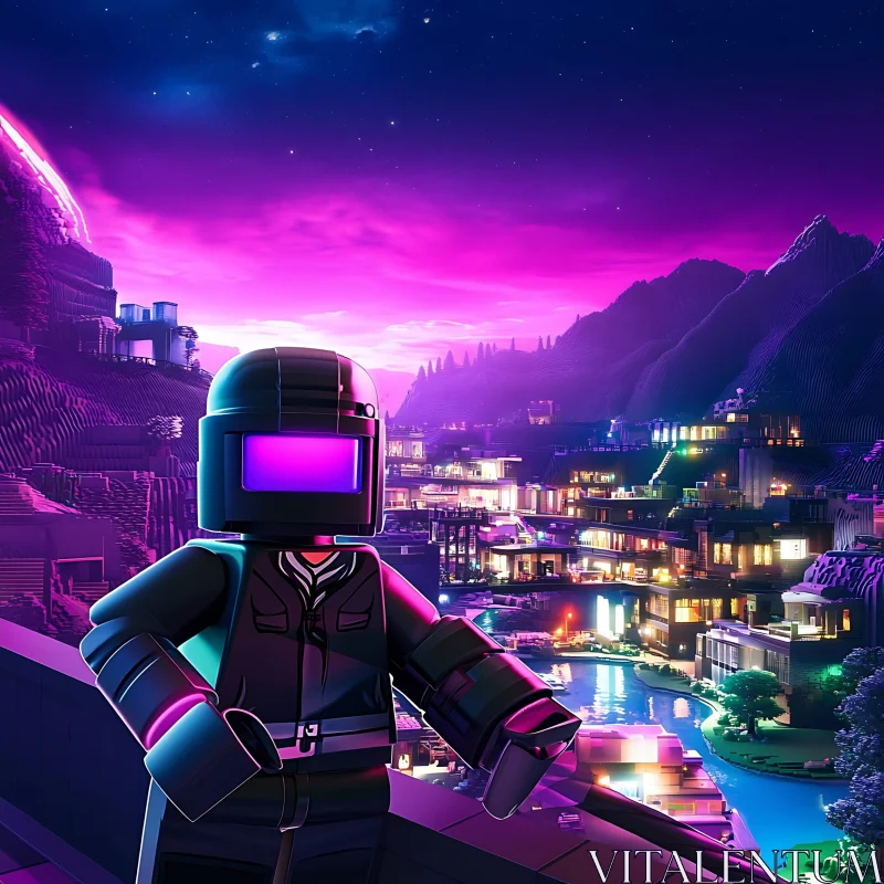 Neon Night Cityscape with Lego Robot