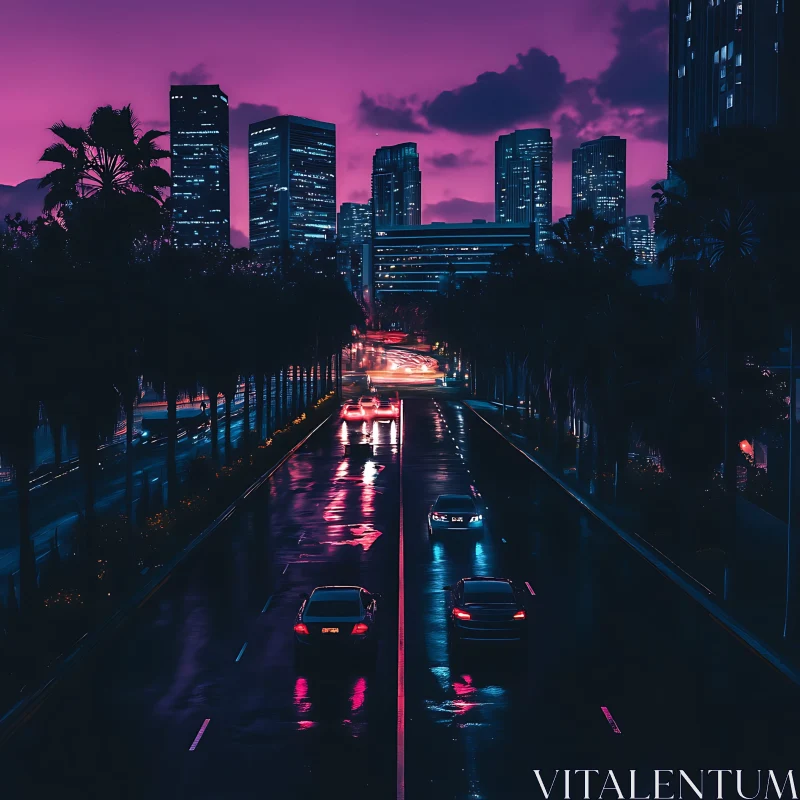 Urban Night Scene with Illuminated Road and Skyline