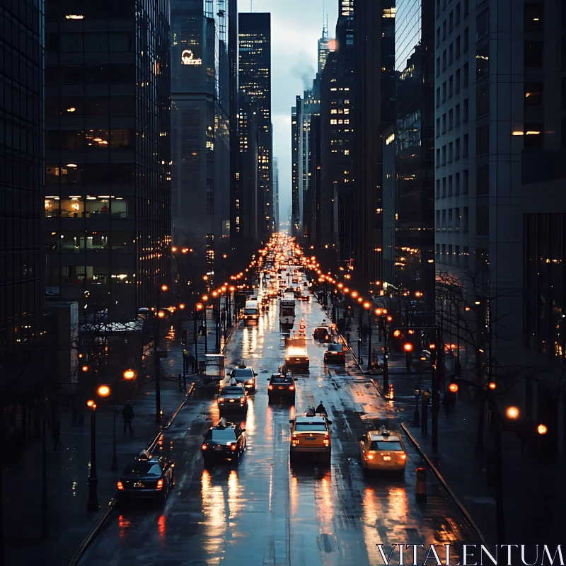 City Life on a Rainy Evening with Skyscrapers