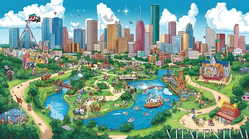 Lively Cartoon Park with Cityscape in Background