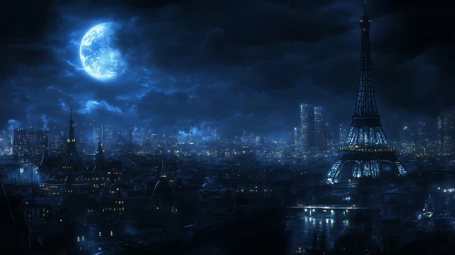 Paris at Night with Moonlit Eiffel Tower