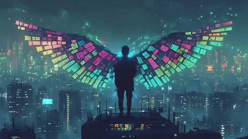 Urban Nightscape with Digital Wings