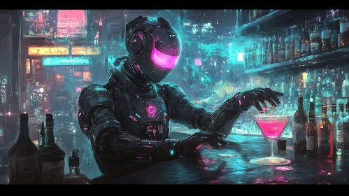 Cyberpunk Robot Enjoys a Drink at Neon Bar