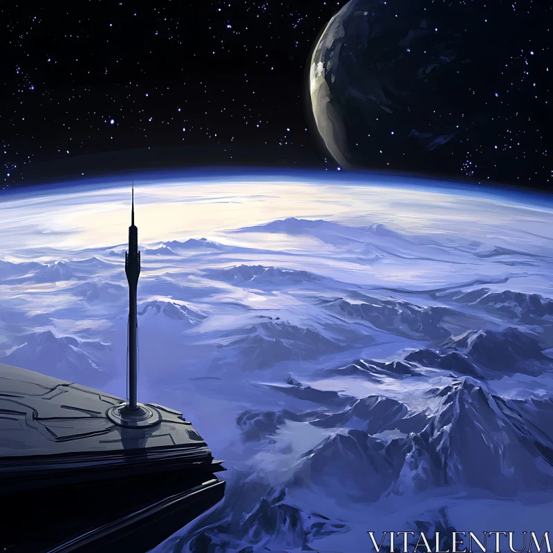 Orbiting Space Station Near Icy Planet