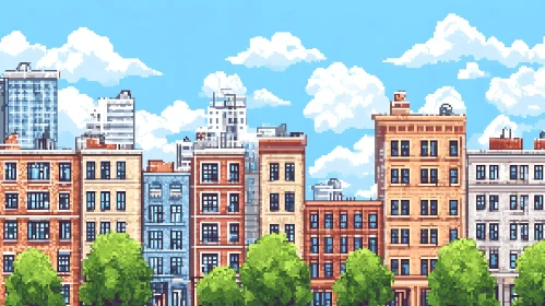 Urban Skyline in Pixel Art with Varied Architecture